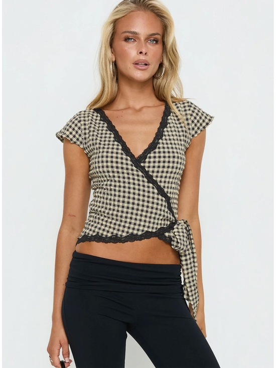 Princess Polly Tops - Princess Polly Meltwater Lace Trim Wrap Detail Top Black Check - NWT